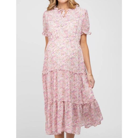 Hayden Maternity Dress Tiered Ruffle Midi Cottagecore Prairie Pink Floral Large - Picture 1 of 10